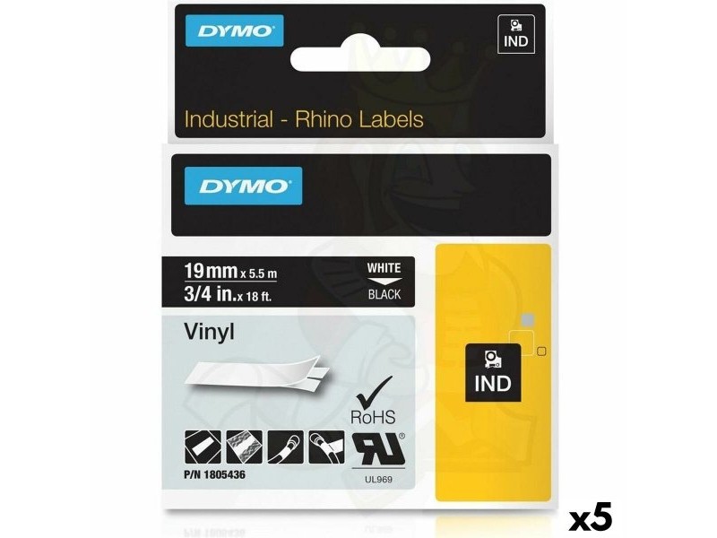 Ламинирана лента за етикетиране Rhino Dymo ID1-19 19 x 5,5 mm Черен полиестер Бял Самозалепващи (5 броя)