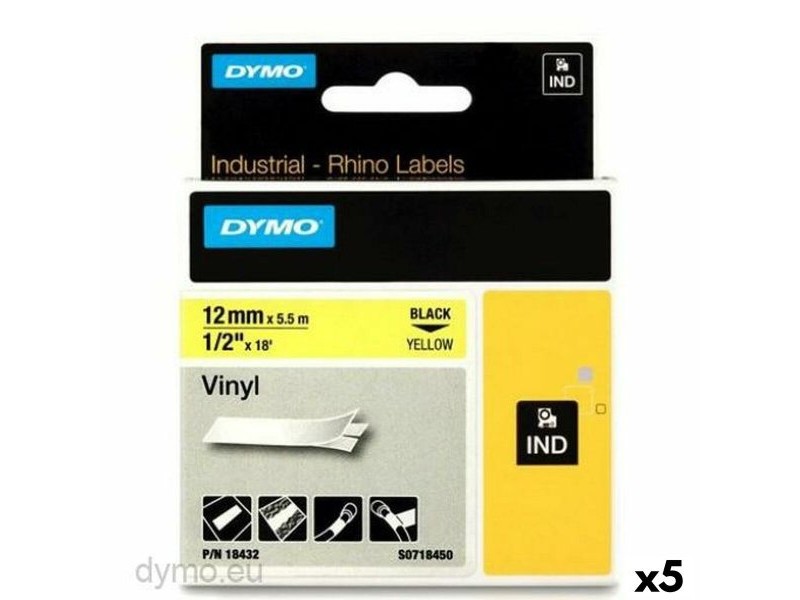 Ламинирана лента за етикетиране Rhino Dymo ID1-12 12 x 5,5 mm Черен Жълт Винил Самозалепващи (5 броя)