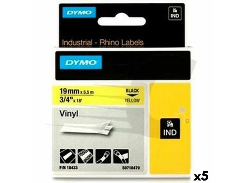 Ламинирана лента за етикетиране Rhino Dymo ID1-19 19 x 3,5 mm Черен Жълт Самозалепващи (5 броя)
