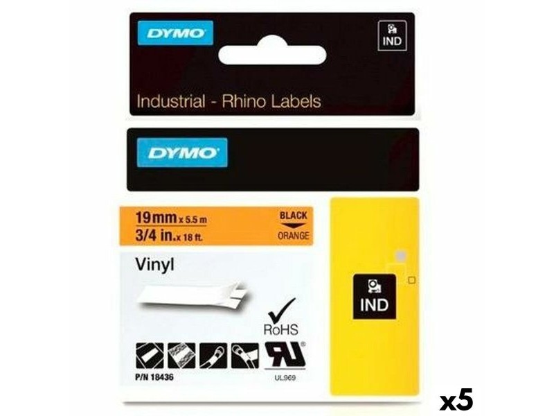 Ламинирана лента за етикетиране Rhino Dymo ID1-19 Черен Оранжев 19 x 5,5 mm Самозалепващи Винил (5 броя)