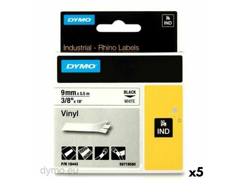Ламинирана лента за етикетиране Rhino Dymo ID1-9 Бял Черен 9 x 5,5 mm Винил (5 броя)