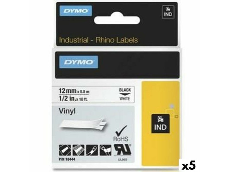 Ламинирана лента за етикетиране Rhino Dymo ID1-12 12 x 5,5 mm Черен Бял Винил Самозалепващи (5 броя)
