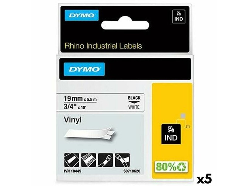 Ламинирана лента за етикетиране Rhino Dymo ID1-19 19 x 5,5 mm Черен Бял Винил Самозалепващи (5 броя)