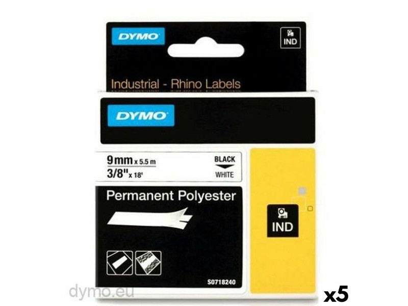 Ламинирана лента за етикетиране Rhino Dymo ID1-9 9 x 5,5 mm Черен полиестер Бял (5 броя)