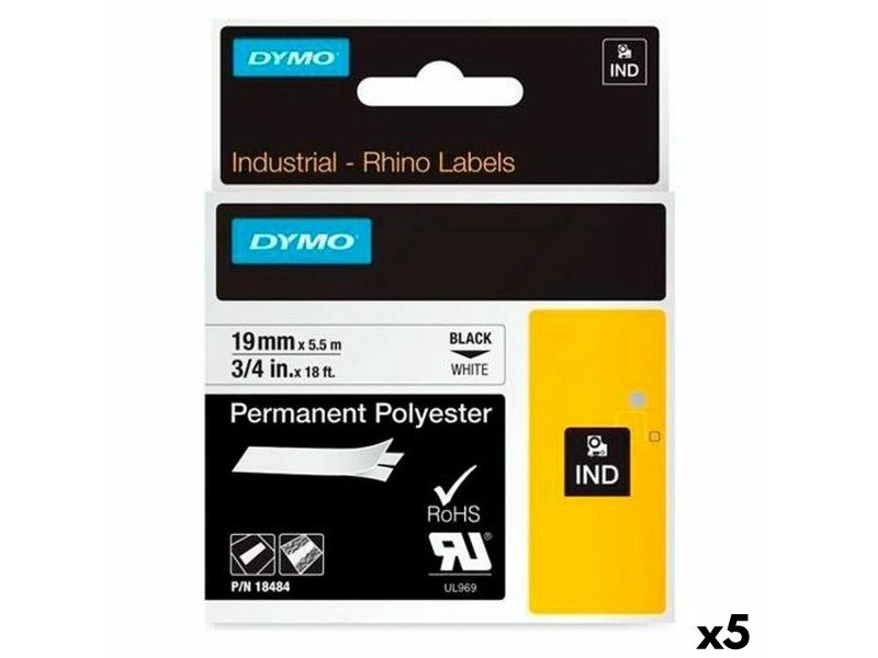 Ламинирана лента за етикетиране Rhino Dymo ID1-19 19 x 5,5 mm Черен полиестер Бял Самозалепващи (5 броя)