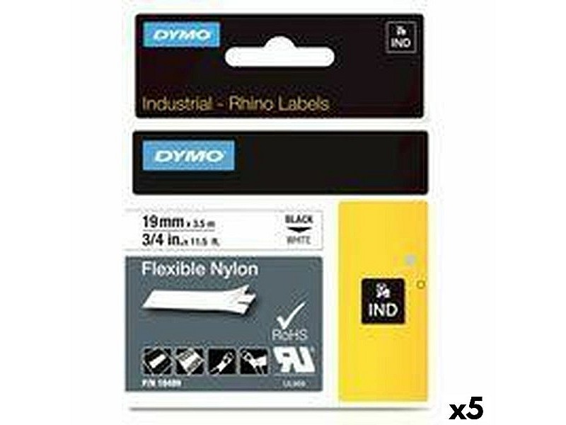 Ламинирана лента за етикетиране Rhino Dymo ID1-19 19 x 3,5 mm Черен Бял Самозалепващи (5 броя)
