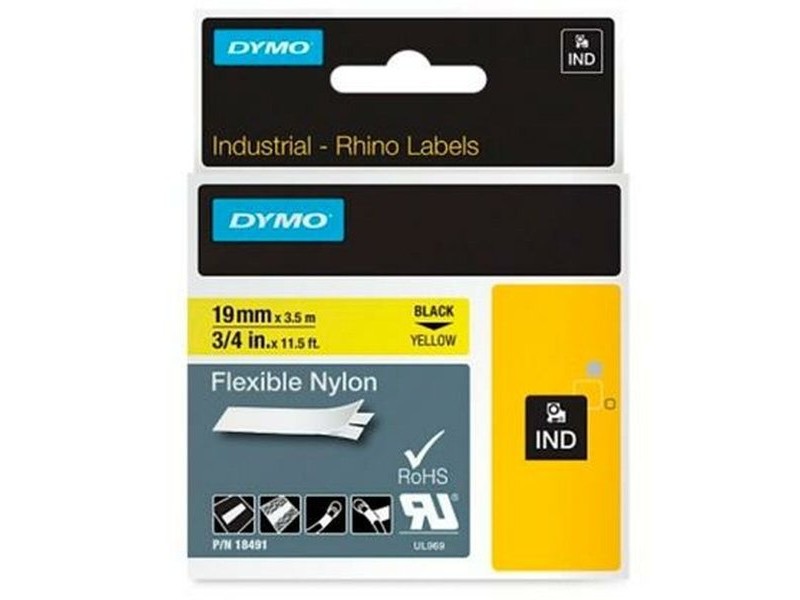 Ламинирана лента за етикетиране Rhino Dymo ID1-19 19 x 3,5 mm Черен Жълт Самозалепващи (5 броя)