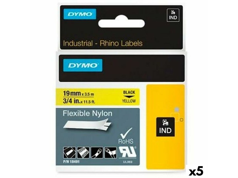 Ламинирана лента за етикетиране Rhino Dymo ID1-19 19 x 3,5 mm Черен Жълт Самозалепващи (5 броя)