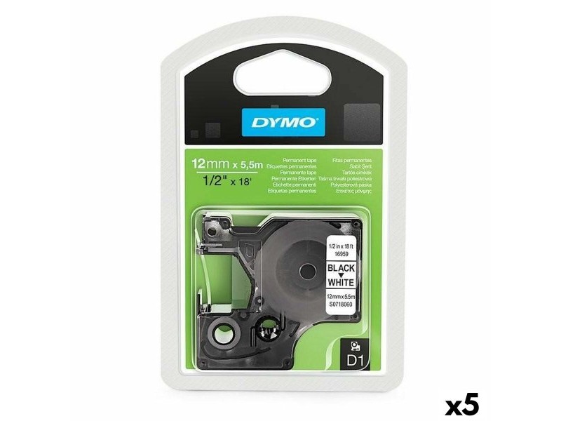 Ламинирана лента за етикетиране Dymo D1 16959 12 mm x 5,5 m Черен полиестер Бял (5 броя)