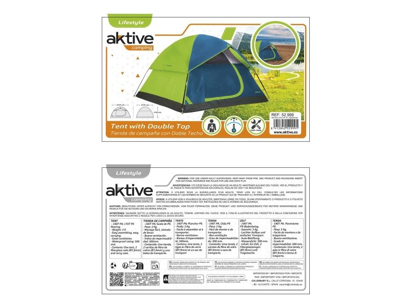 Палатка Aktive 4 Хора 240 x 130 x 210 cm (2 броя)
