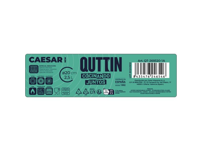 Касерола със Стъклен Капак Quttin Caesar ø 20 x 8 cm Стомана (6 броя)