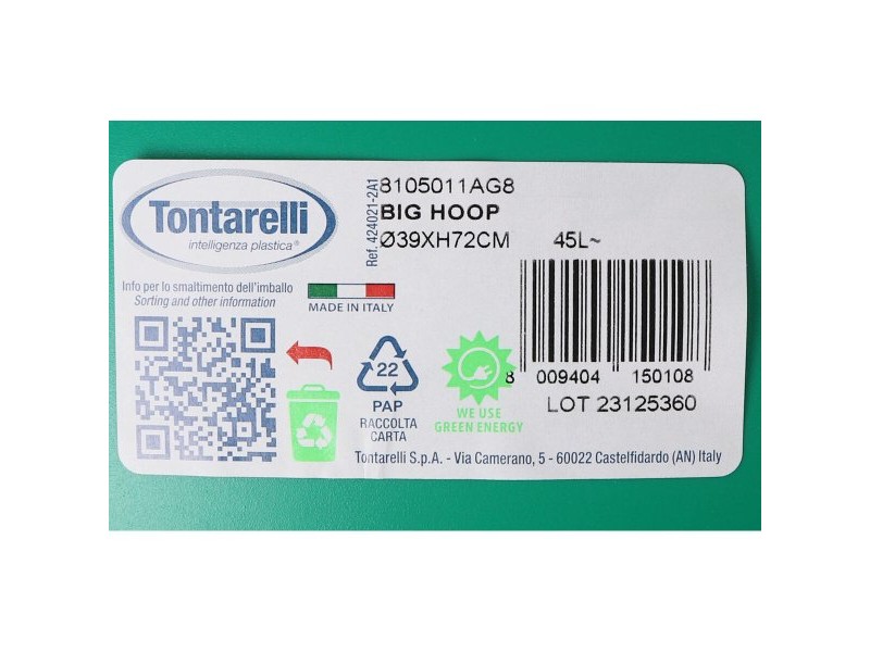 Кошче за Боклук Tontarelli Big hoop Черен Зелен 50 L 39 x 39 x 72 cm (10 броя)