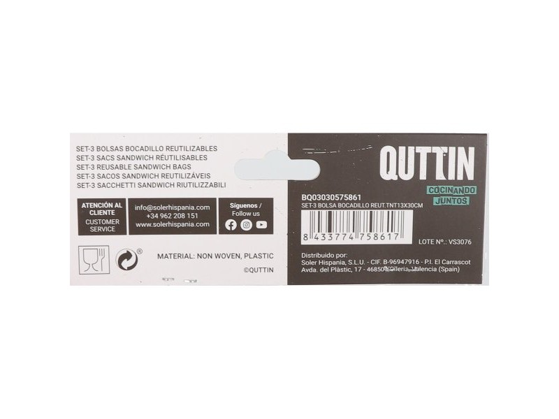 Комплект торбички за многократна употреба Quttin Кутия за Сандвичи TNT (Non Woven) 3 Части 13 x 30 cm (36 броя)