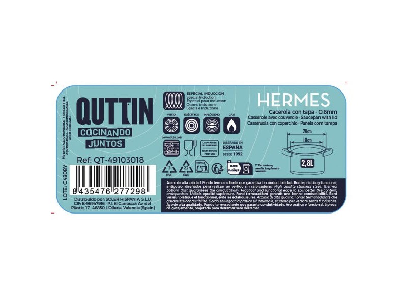 Тенджера със Стъклен Капак Quttin Hermes Стомана 2,8 L (6 броя) Тенджера със Стъклен Капак Quttin Hermes Стомана 2,8 L (6 броя)