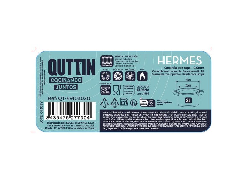 Тенджера със Стъклен Капак Quttin Hermes Стомана 3 L (4 броя)