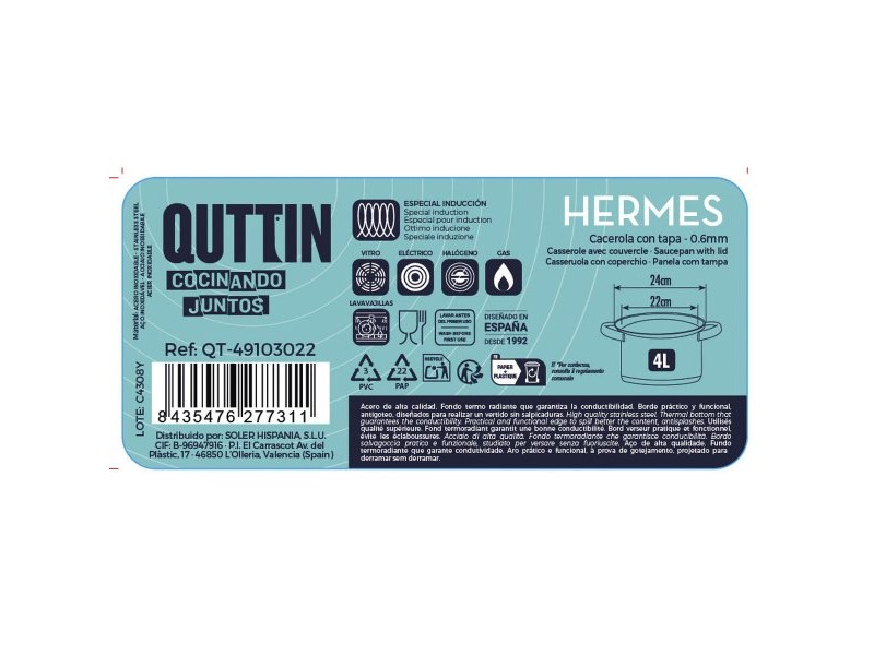 Тенджера със Стъклен Капак Quttin Hermes Стомана 4 L (4 броя)