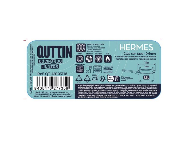Тиган за Сос с Капак Quttin Hermes 1,8 L Стомана (8 броя)