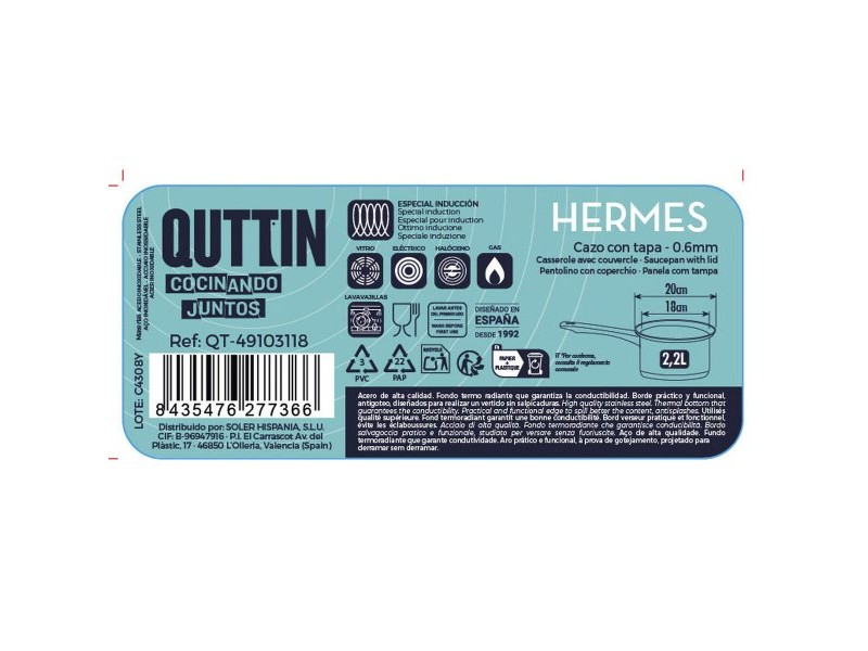 Тиган за Сос с Капак Quttin Hermes 2,2 L Стомана (8 броя)