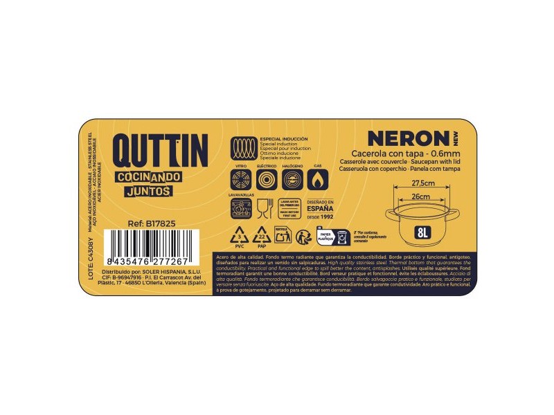 Тенджера със Стъклен Капак Quttin New neron Стомана 8 L (4 броя)