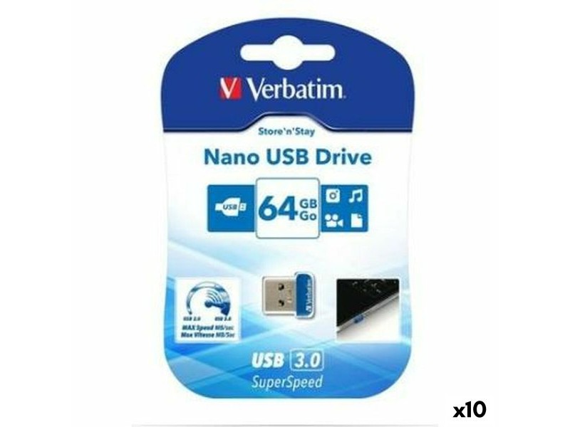 USB стик Verbatim NANO STORE'N'STAY Син Черен 64 GB (10 броя)