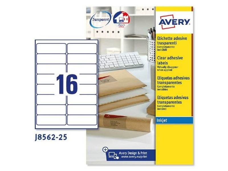 Етикети за принтер Avery J8562 25 Листи 99,1 x 33,9 mm Прозрачен (5 броя)