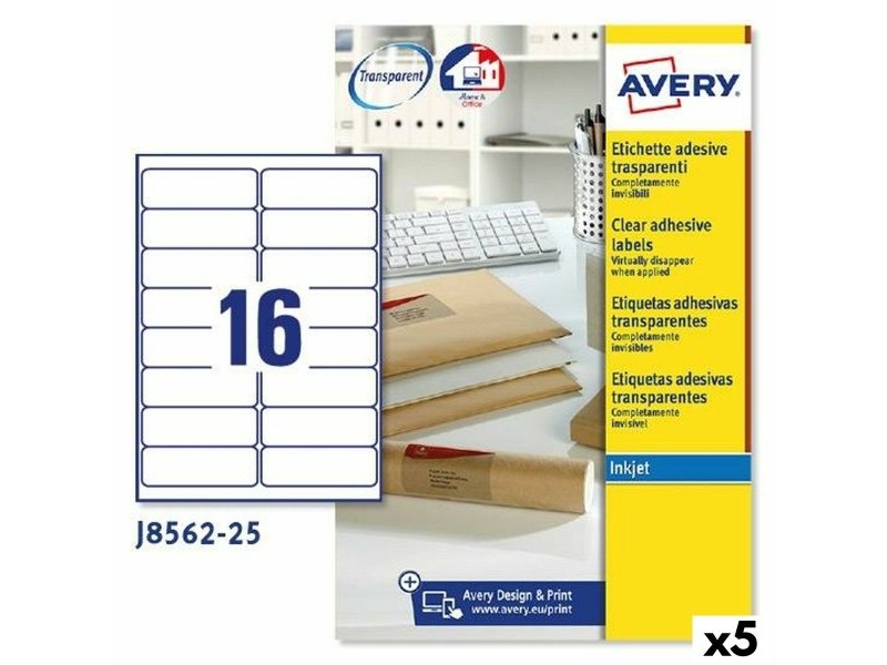 Етикети за принтер Avery J8562 25 Листи 99,1 x 33,9 mm Прозрачен (5 броя)