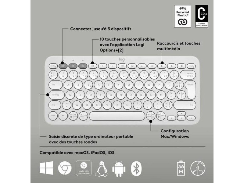 Блуту Клавиатура с Поставка за Таблет Logitech K380 френски Бял AZERTY