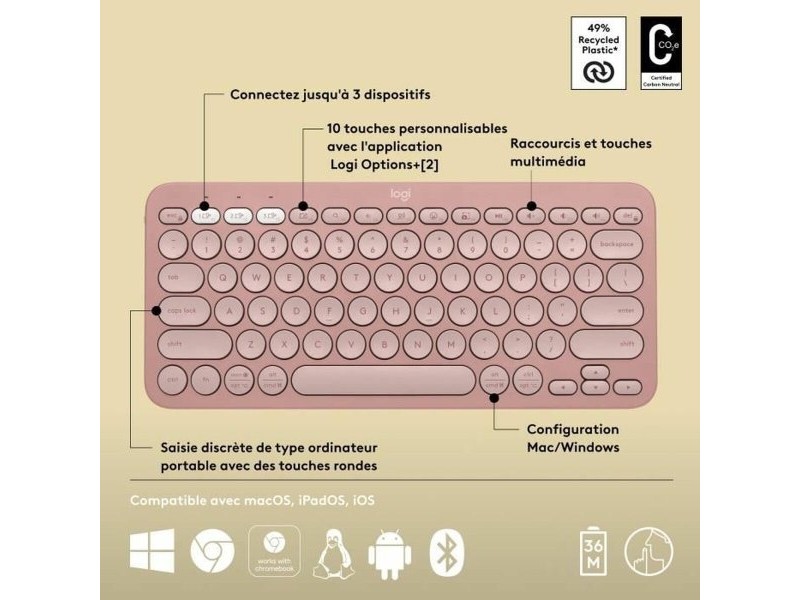 Блуту Клавиатура с Поставка за Таблет Logitech K380 френски Розов AZERTY