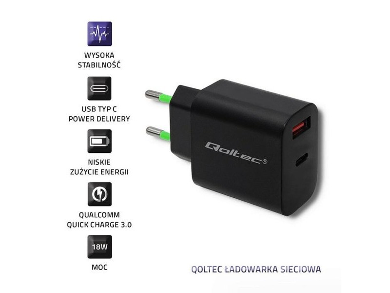 Зарядно за стена Qoltec 51713 Черен 18 W