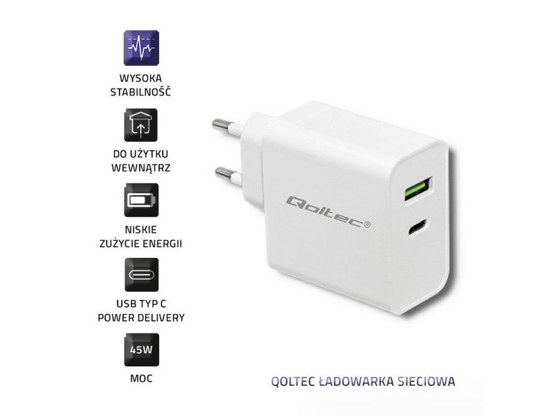 Зарядно за стена Qoltec 51718 Бял 45 W (1 броя)