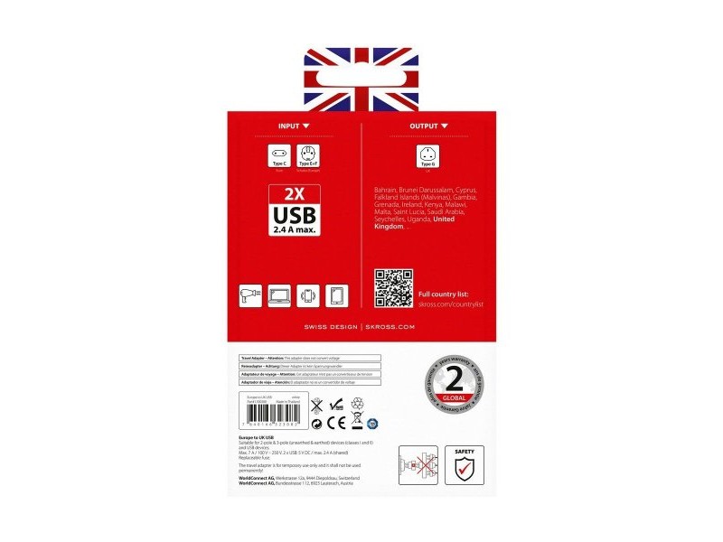 Адаптер за ток Skross 1500280 USB x 2 Европейски Великобритания