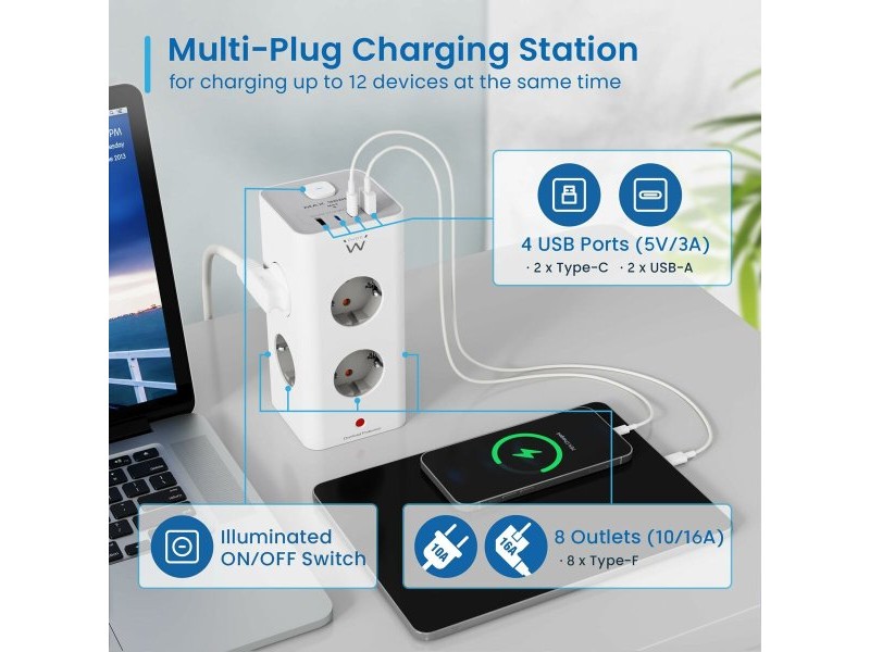 Schuko 8 начина многофункционален адаптер за контакт Ewent EW3864 Бял 3680 W (2 m)