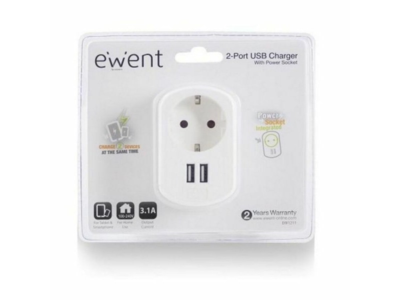 Щепсел за стена с 2 USB порта Ewent EW1211 3,1 A Щепсел за стена с 2 USB порта Ewent EW1211 3,1 A