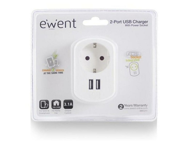 Щепсел за стена с 2 USB порта Ewent EW1211 3,1 A Щепсел за стена с 2 USB порта Ewent EW1211 3,1 A