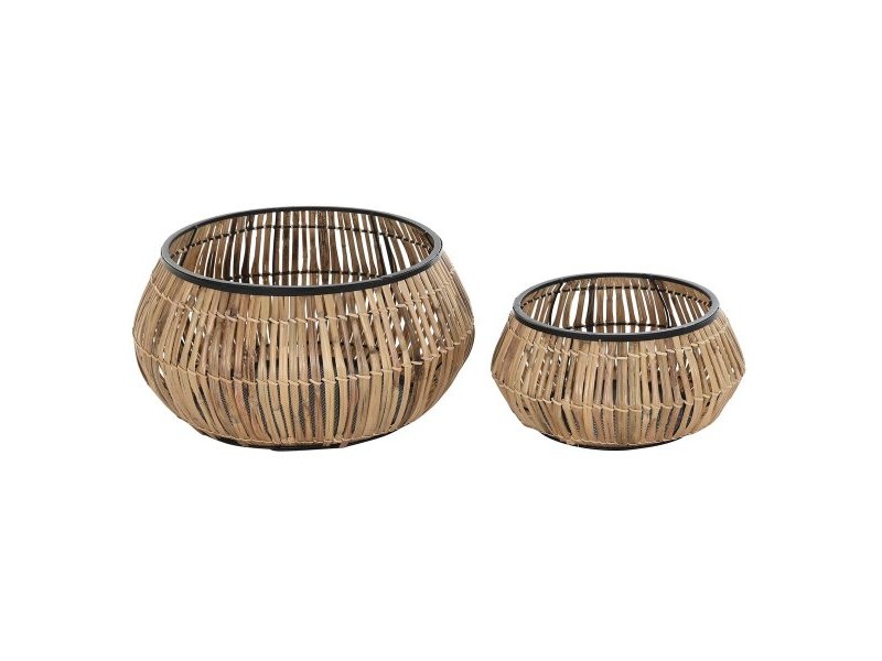 Комплект Саксии за цветя DKD Home Decor Черен Естествен Метал Pатан Квадратек Bali 50 x 50 x 25,4 cm (2 броя)