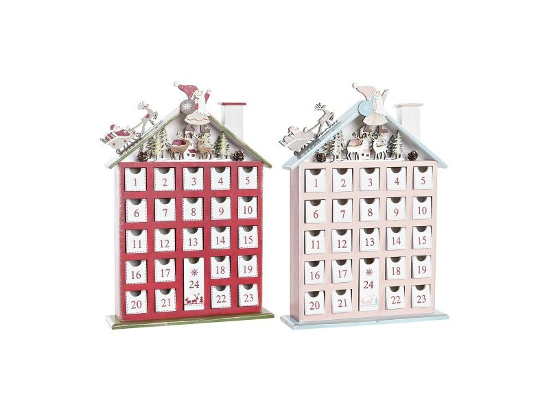 Коледен Календар DKD Home Decor Дървен Къща (27 x 7 x 40 cm) (2 броя)