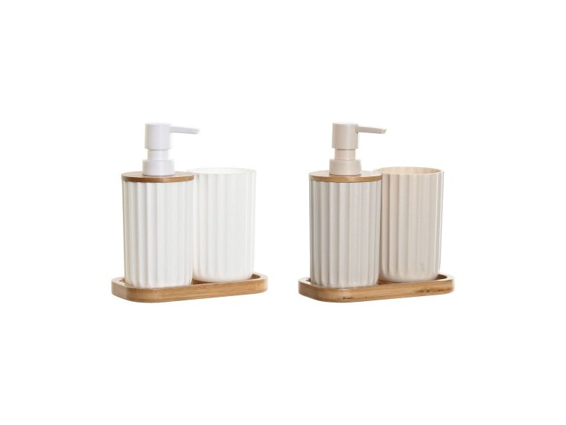 Комплект за Баня DKD Home Decor Бял Бежов Бамбук полистирен 16 x 9 x 18 cm 3 Части (2 броя)