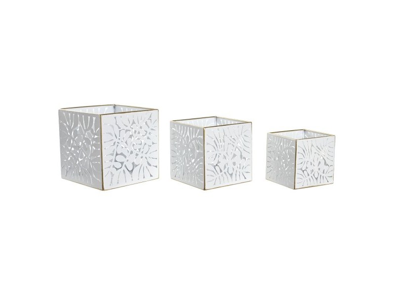 Комплект саксии DKD Home Decor Листи Златен Метал 15 x 15 x 15 cm Бял Тропически Лист на растение