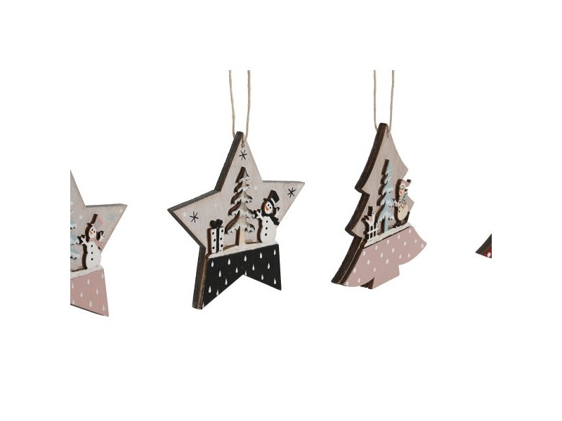 Висяща украса DKD Home Decor Червен Розов Дървен 23 x 1,5 x 9 cm (6 Части) (4 броя)