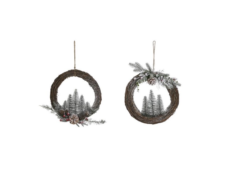 Коледен венец DKD Home Decor Естествен плетена ракита Ананас Снежен 32 x 7 x 32 cm (2 броя)