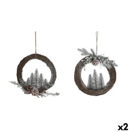 Коледен венец DKD Home Decor Естествен плетена ракита Ананас Снежен 32 x 7 x 32 cm (2 броя)