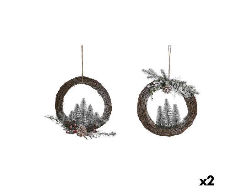 Коледен венец DKD Home Decor Естествен плетена ракита Ананас Снежен 32 x 7 x 32 cm (2 броя)