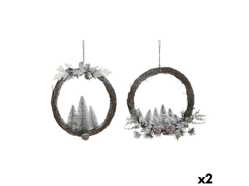 Коледен венец DKD Home Decor Естествен плетена ракита Ананас Снежен 46 x 7 x 46 cm (2 броя)