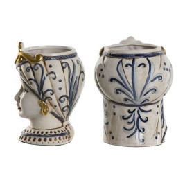 Саксия Home ESPRIT Син Бял Златен Порцелан 15 x 15 x 26 cm (2 броя)