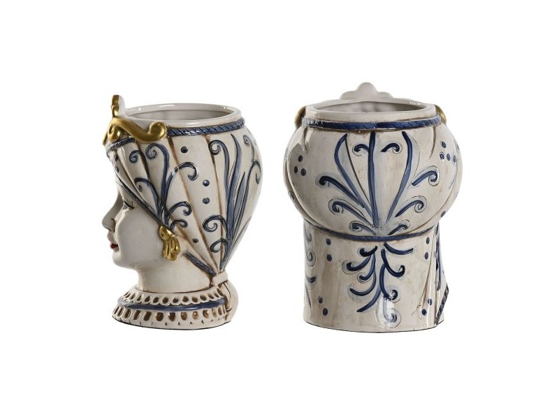 Саксия Home ESPRIT Син Бял Златен Порцелан 15 x 15 x 26 cm (2 броя)