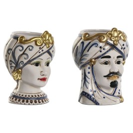 Саксия Home ESPRIT Син Бял Златен Порцелан 15 x 15 x 26 cm (2 броя)