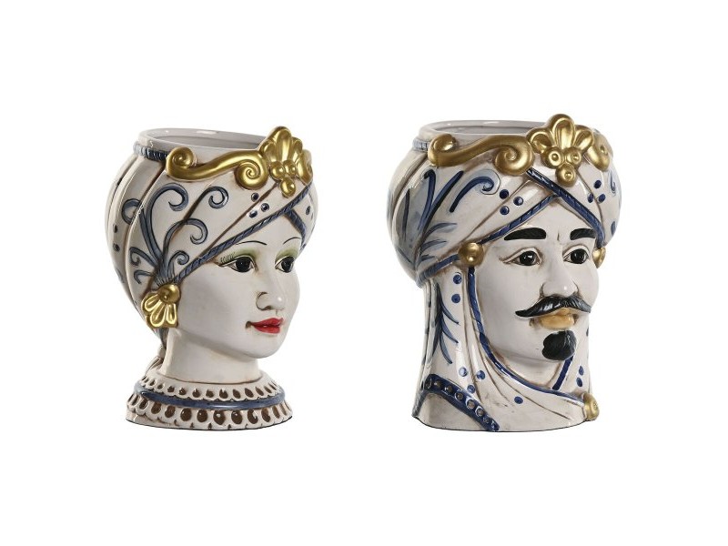 Саксия Home ESPRIT Син Бял Златен Порцелан 15 x 15 x 26 cm (2 броя)