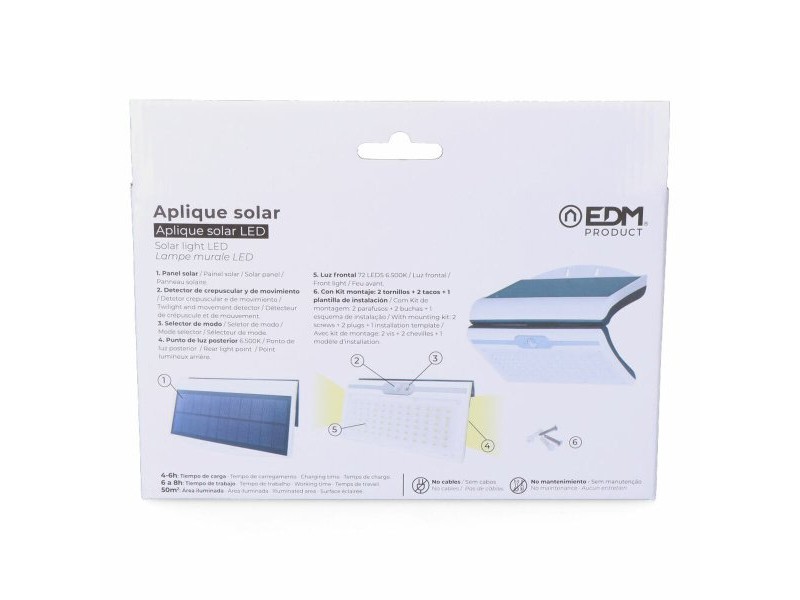 LED Аплик EDM 31848 Бял 6 W 430 Lm 6500 lm Слънчев Сензор за Движение 6500 K LED Аплик EDM 31848 Бял 6 W 430 Lm 6500 lm Слънчев Сензор за Движение 6500 K