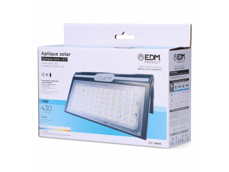 Аплик за стена EDM 31849 Черен 6 W 430 Lm 6500 lm Сензор за Движение Слънчев (6500 K)