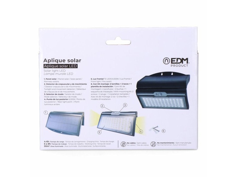 Аплик за стена EDM 31849 Черен 6 W 430 Lm 6500 lm Сензор за Движение Слънчев (6500 K)